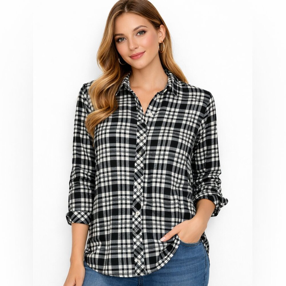Talbots Womens Shirt Long Sleeve Button Up Plaid Non Iron Metallic Size MP